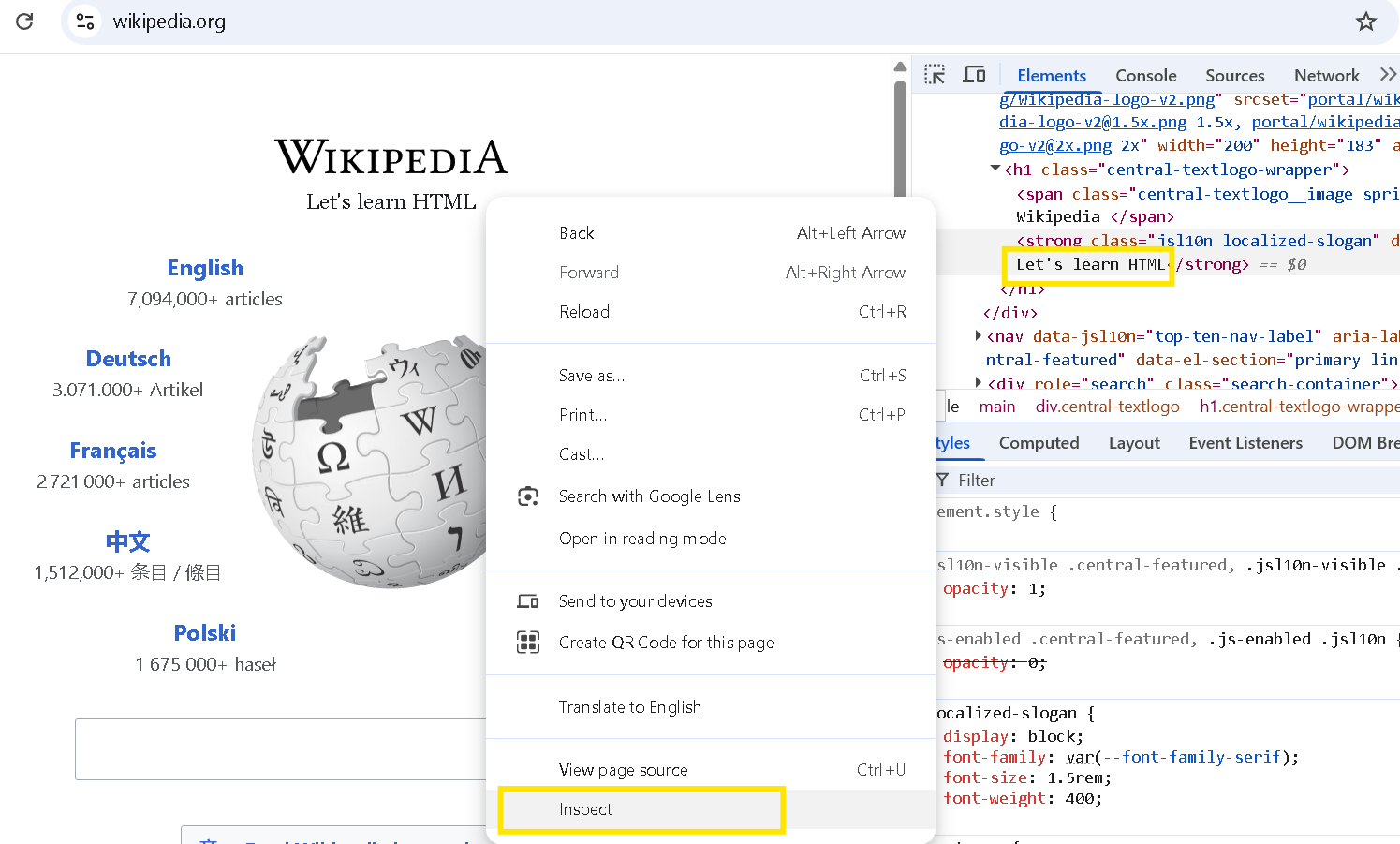 Inspecting the Wikipedia DOM using Chrome