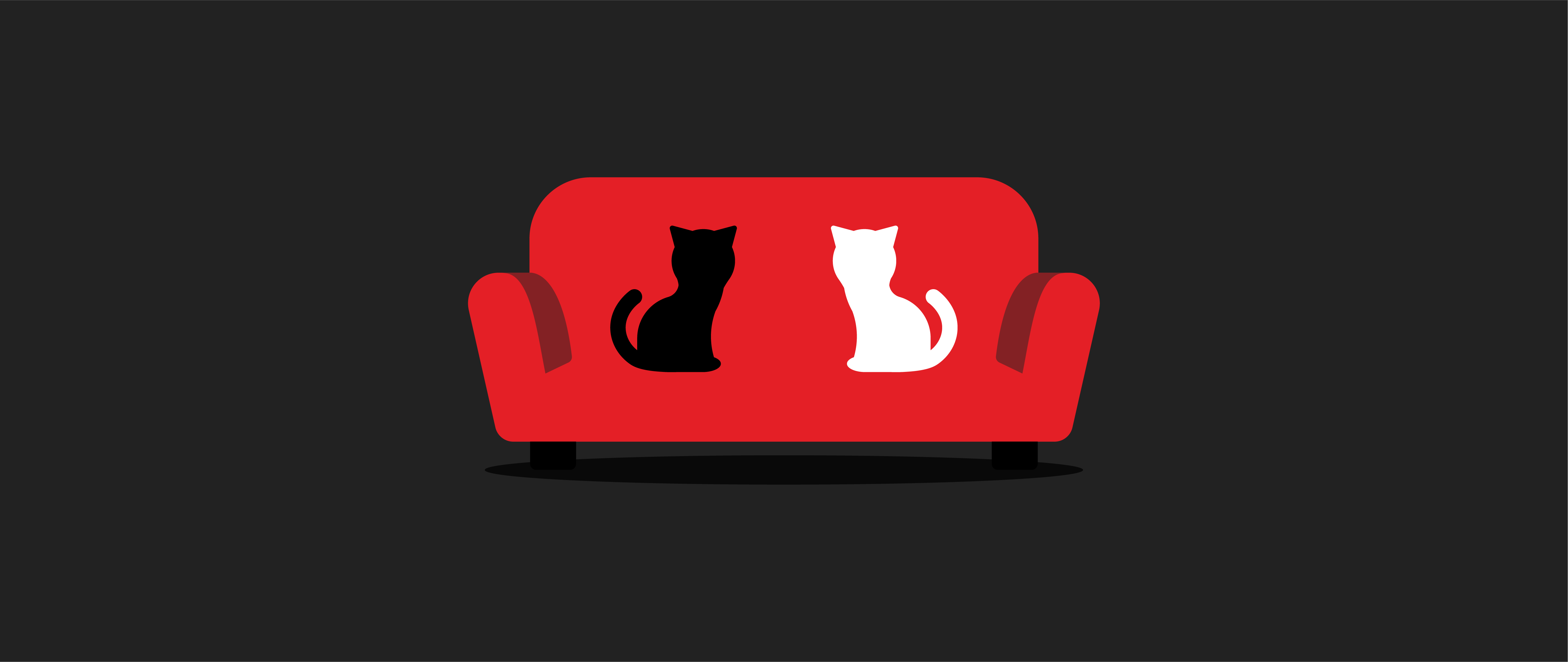 A stylized illustration of a black cat and a white cat on a bold red couch against a minimalist dark background.